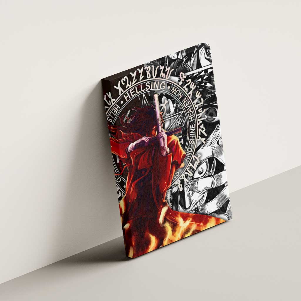 Alucard Hellsing Manga Collage Black and Red Design Canvas Wall Art with Gun Pose and Symbolic Silhouettes - The Mazicc