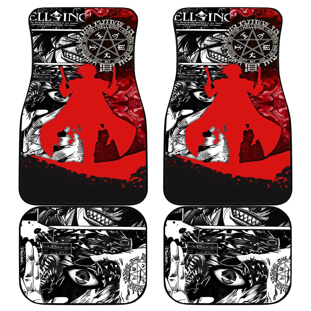 Alucard Hellsing Manga Collage Black and Red Design Car Mats with Gun Pose and Symbolic Silhouettes - The Mazicc
