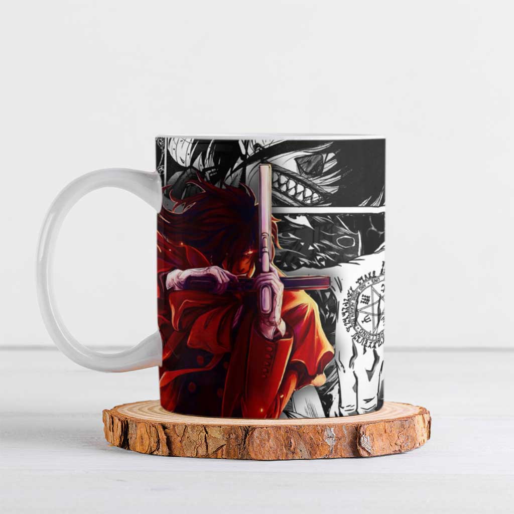 Alucard Hellsing Manga Collage Black and Red Design Ceramic Mug with Gun Pose and Symbolic Silhouettes - The Mazicc