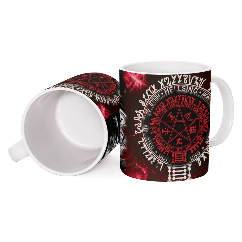 Alucard Hellsing Manga Collage Black and Red Design Ceramic Mug with Gun Pose and Symbolic Silhouettes - The Mazicc
