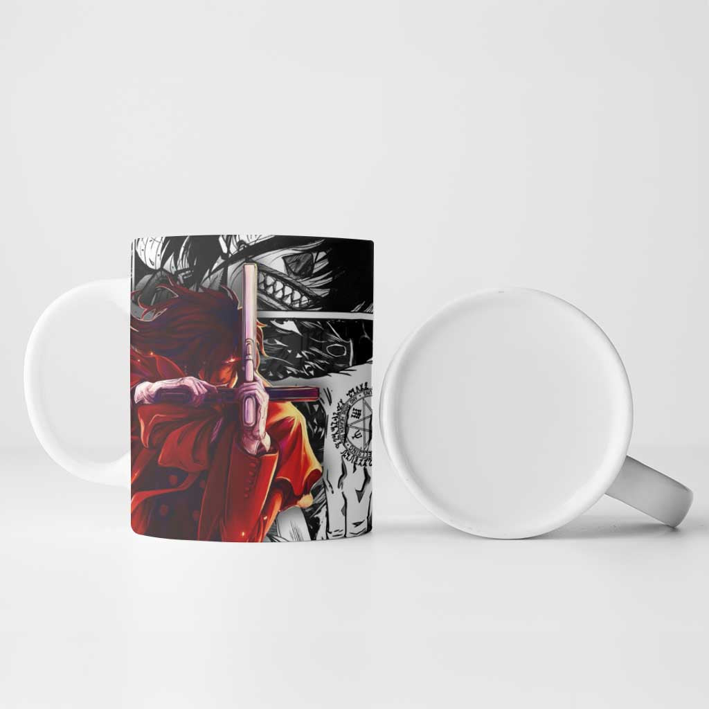 Alucard Hellsing Manga Collage Black and Red Design Ceramic Mug with Gun Pose and Symbolic Silhouettes - The Mazicc