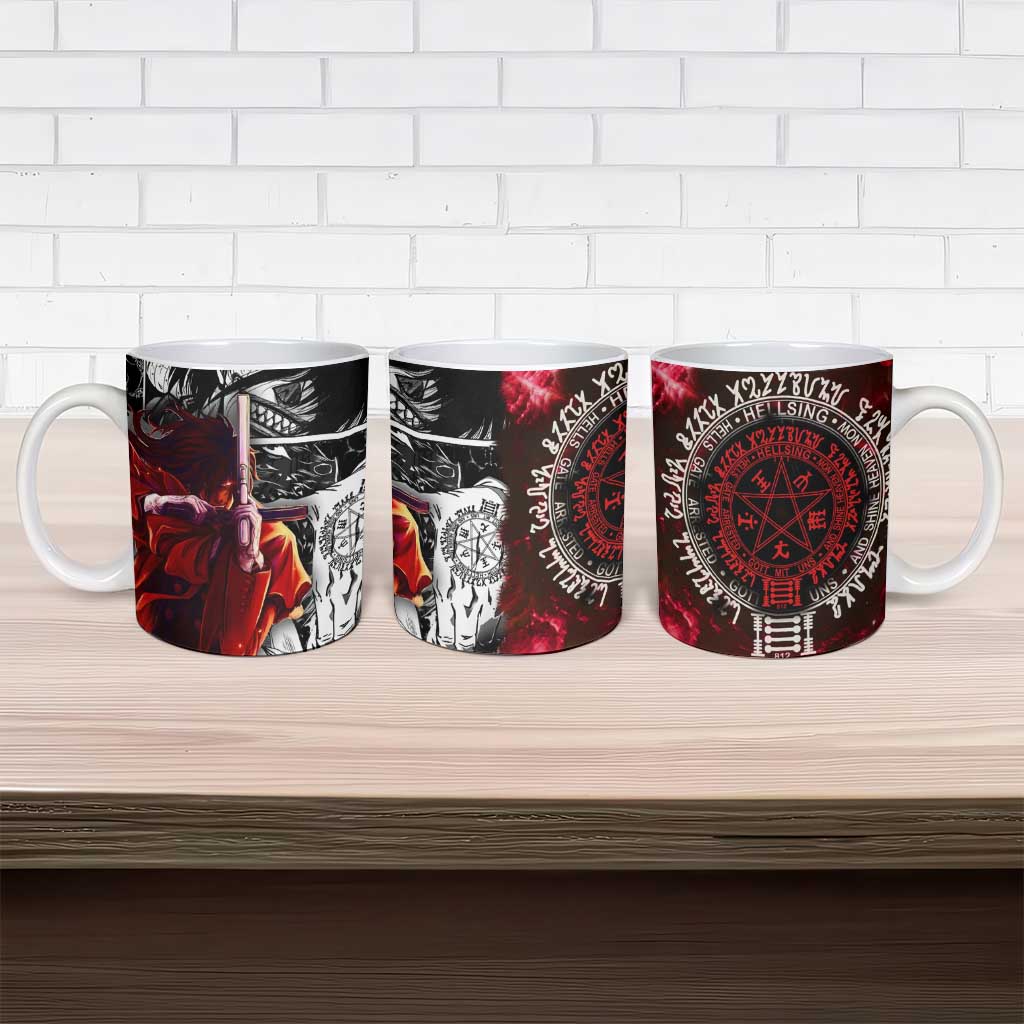 Alucard Hellsing Manga Collage Black and Red Design Ceramic Mug with Gun Pose and Symbolic Silhouettes - The Mazicc