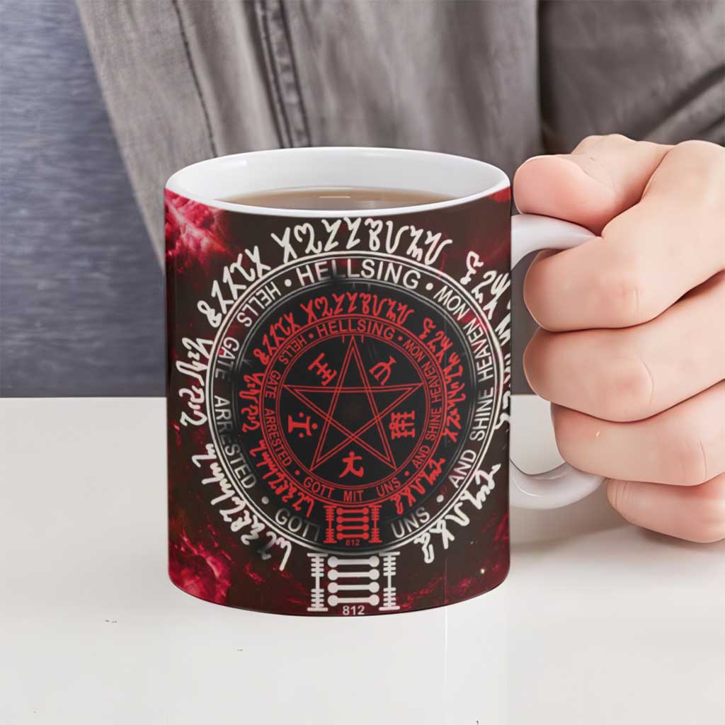 Alucard Hellsing Manga Collage Black and Red Design Ceramic Mug with Gun Pose and Symbolic Silhouettes - The Mazicc