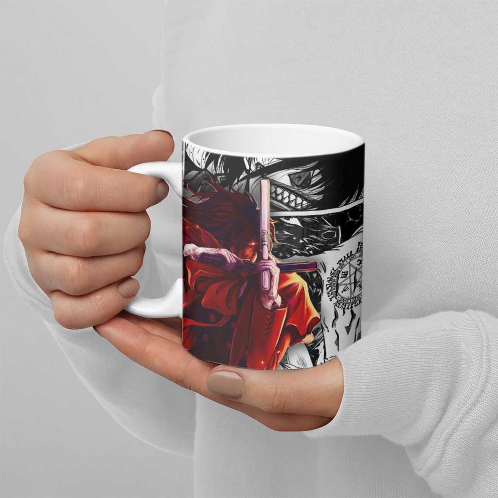 Alucard Hellsing Manga Collage Black and Red Design Ceramic Mug with Gun Pose and Symbolic Silhouettes - The Mazicc