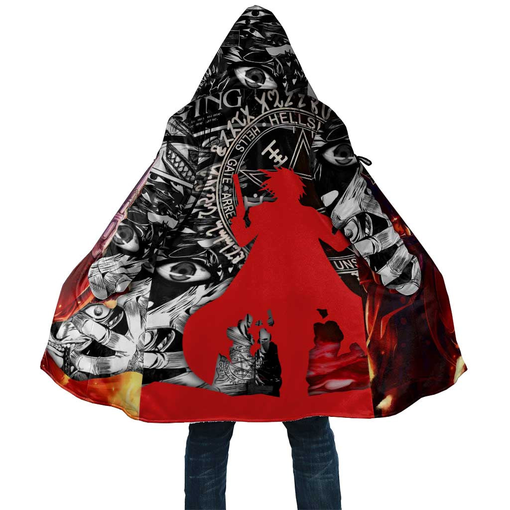 Alucard Hellsing Manga Collage Black and Red Design Cloak with Gun Pose and Symbolic Silhouettes - The Mazicc