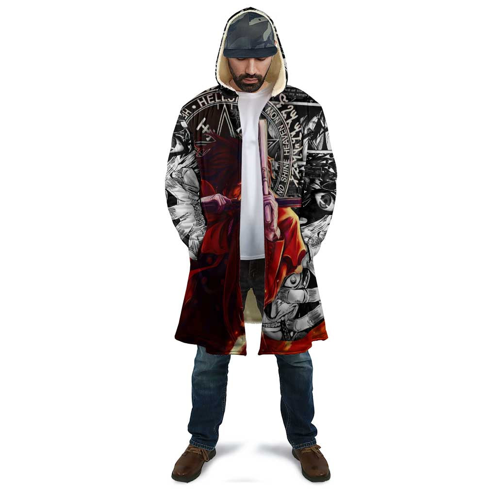 Alucard Hellsing Manga Collage Black and Red Design Cloak with Gun Pose and Symbolic Silhouettes - The Mazicc