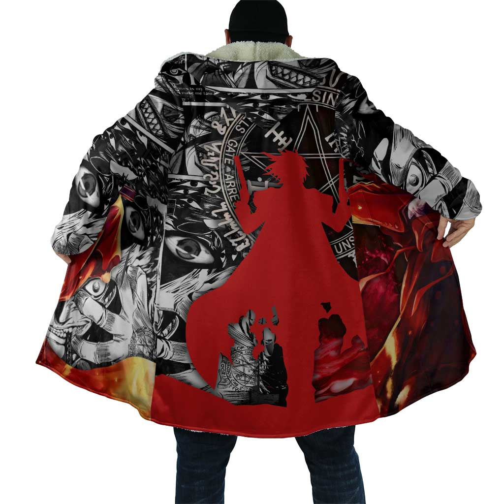 Alucard Hellsing Manga Collage Black and Red Design Cloak with Gun Pose and Symbolic Silhouettes - The Mazicc