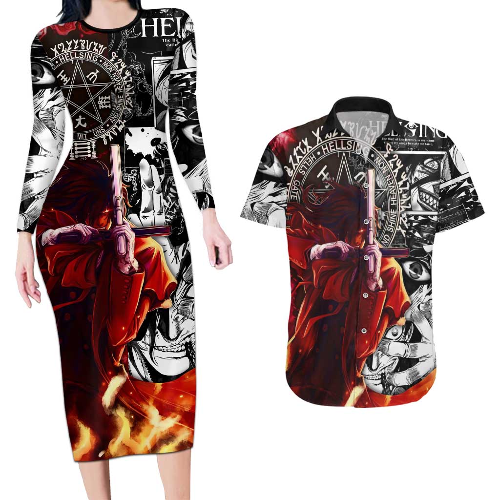 Alucard Hellsing Manga Collage Black and Red Design Couples Matching Long Sleeve Bodycon Dress and Hawaiian Shirt with Gun Pose and Symbolic Silhouettes - The Mazicc
