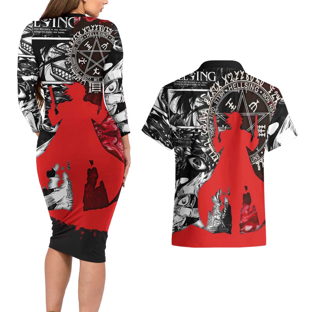 Alucard Hellsing Manga Collage Black and Red Design Couples Matching Long Sleeve Bodycon Dress and Hawaiian Shirt with Gun Pose and Symbolic Silhouettes - The Mazicc