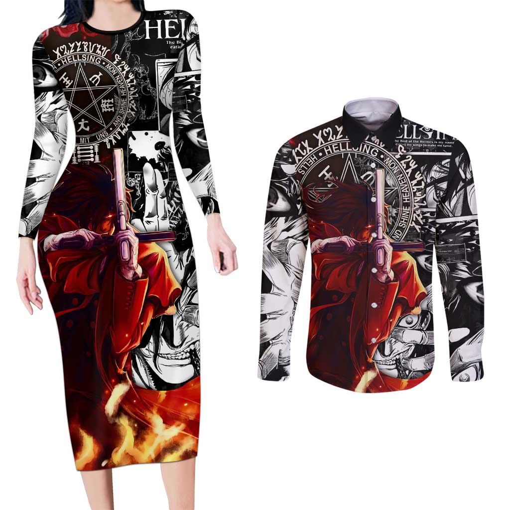 Alucard Hellsing Manga Collage Black and Red Design Couples Matching Long Sleeve Bodycon Dress and Long Sleeve Button Shirt with Gun Pose and Symbolic Silhouettes - The Mazicc