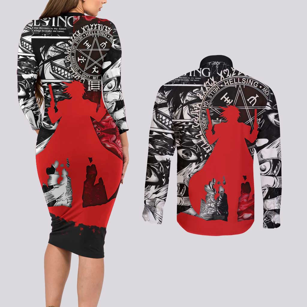 Alucard Hellsing Manga Collage Black and Red Design Couples Matching Long Sleeve Bodycon Dress and Long Sleeve Button Shirt with Gun Pose and Symbolic Silhouettes - The Mazicc