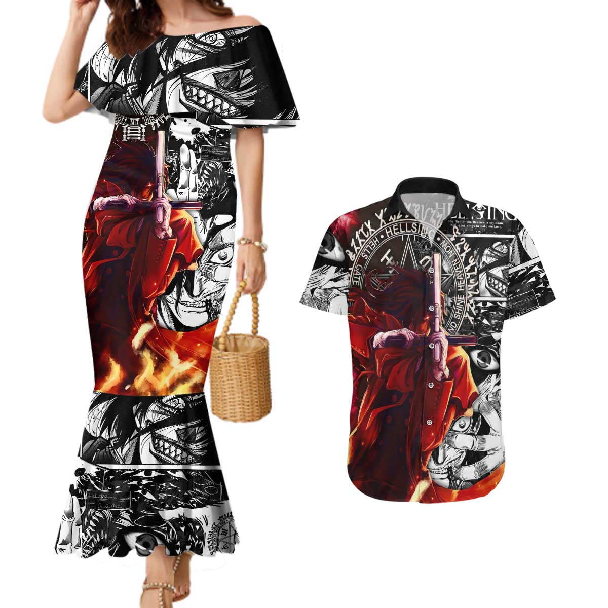 Alucard Hellsing Manga Collage Black and Red Design Couples Matching Mermaid Dress and Hawaiian Shirt with Gun Pose and Symbolic Silhouettes - The Mazicc