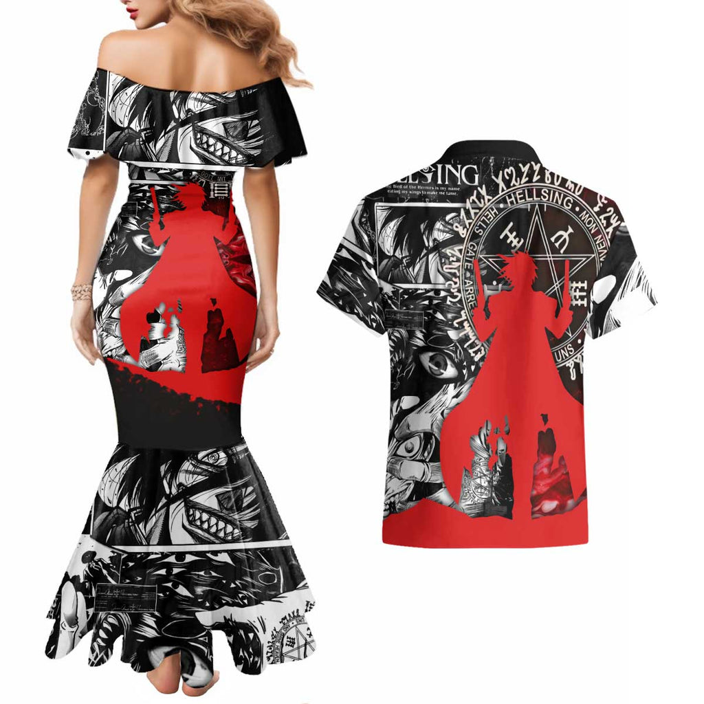 Alucard Hellsing Manga Collage Black and Red Design Couples Matching Mermaid Dress and Hawaiian Shirt with Gun Pose and Symbolic Silhouettes - The Mazicc
