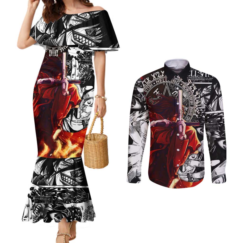 Alucard Hellsing Manga Collage Black and Red Design Couples Matching Mermaid Dress and Long Sleeve Button Shirt with Gun Pose and Symbolic Silhouettes - The Mazicc