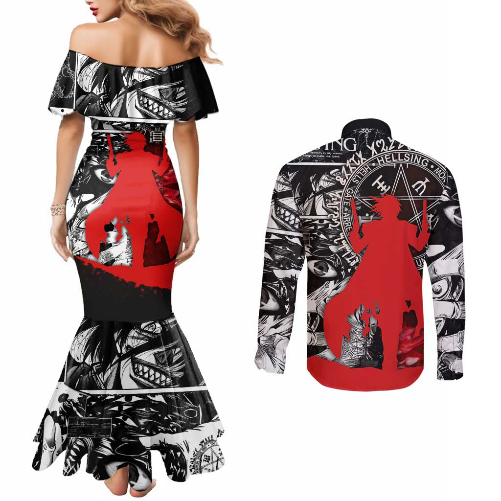 Alucard Hellsing Manga Collage Black and Red Design Couples Matching Mermaid Dress and Long Sleeve Button Shirt with Gun Pose and Symbolic Silhouettes - The Mazicc