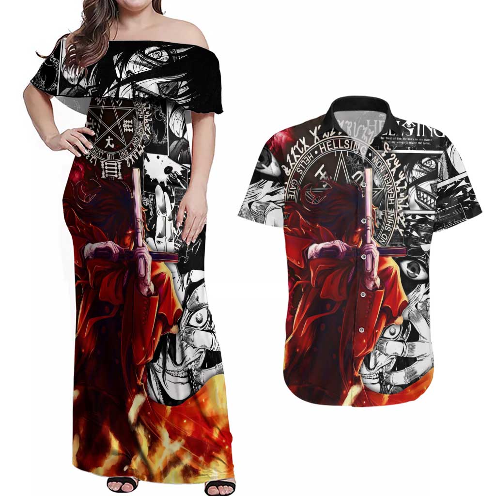 Alucard Hellsing Manga Collage Black and Red Design Couples Matching Off Shoulder Maxi Dress and Hawaiian Shirt with Gun Pose and Symbolic Silhouettes - The Mazicc
