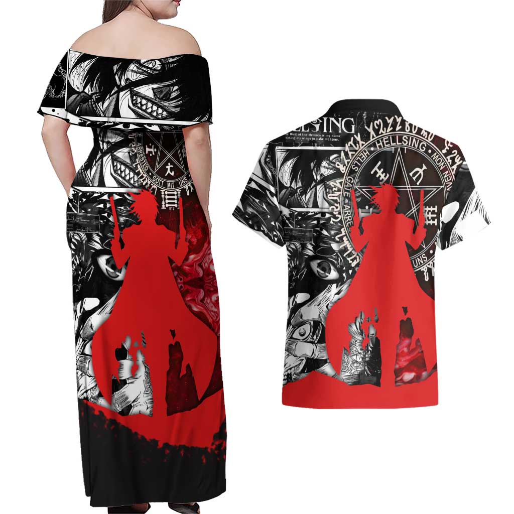 Alucard Hellsing Manga Collage Black and Red Design Couples Matching Off Shoulder Maxi Dress and Hawaiian Shirt with Gun Pose and Symbolic Silhouettes - The Mazicc