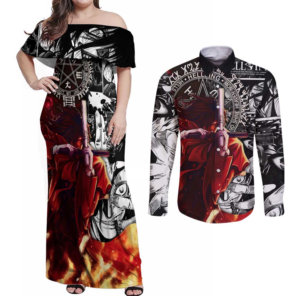 Alucard Hellsing Manga Collage Black and Red Design Couples Matching Off Shoulder Maxi Dress and Long Sleeve Button Shirt with Gun Pose and Symbolic Silhouettes - The Mazicc