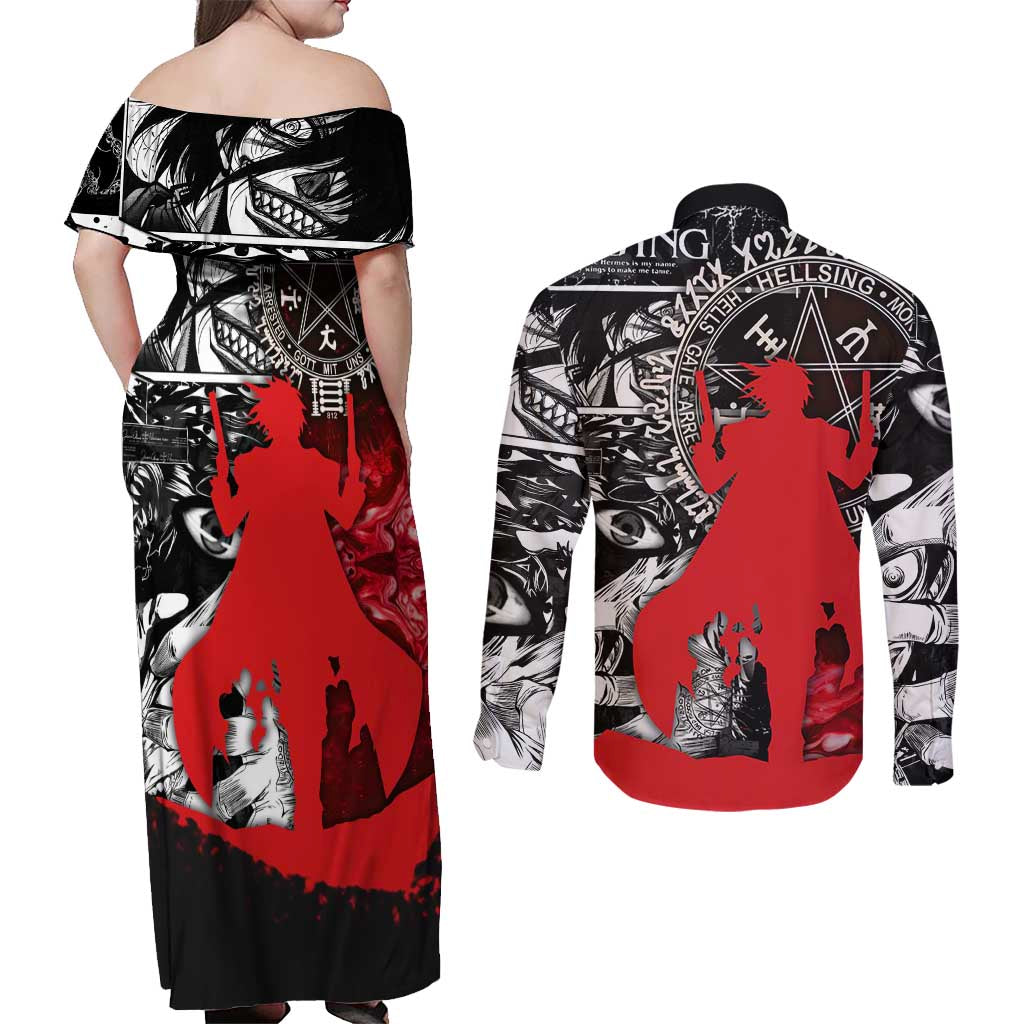 Alucard Hellsing Manga Collage Black and Red Design Couples Matching Off Shoulder Maxi Dress and Long Sleeve Button Shirt with Gun Pose and Symbolic Silhouettes - The Mazicc