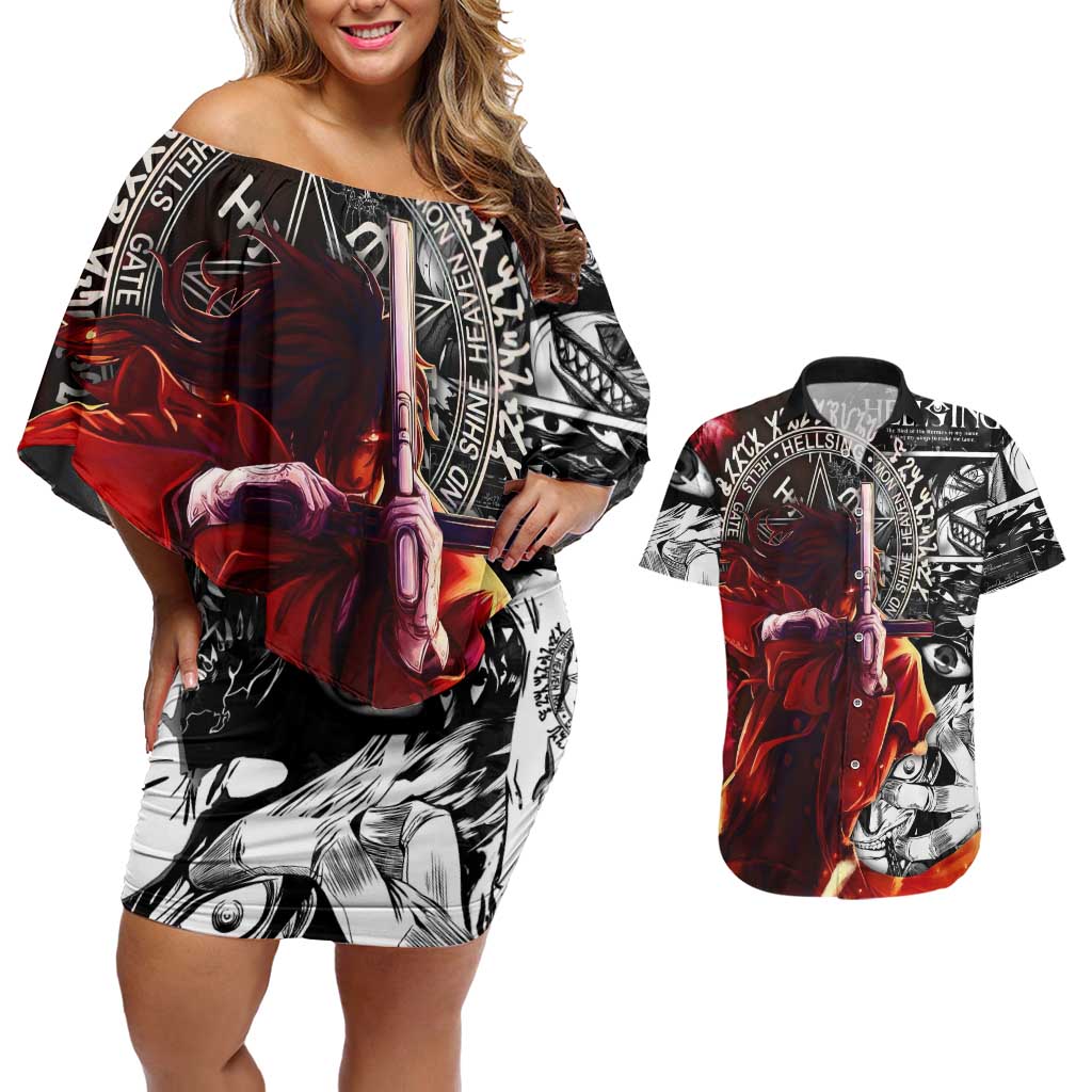 Alucard Hellsing Manga Collage Black and Red Design Couples Matching Off Shoulder Short Dress and Hawaiian Shirt with Gun Pose and Symbolic Silhouettes - The Mazicc