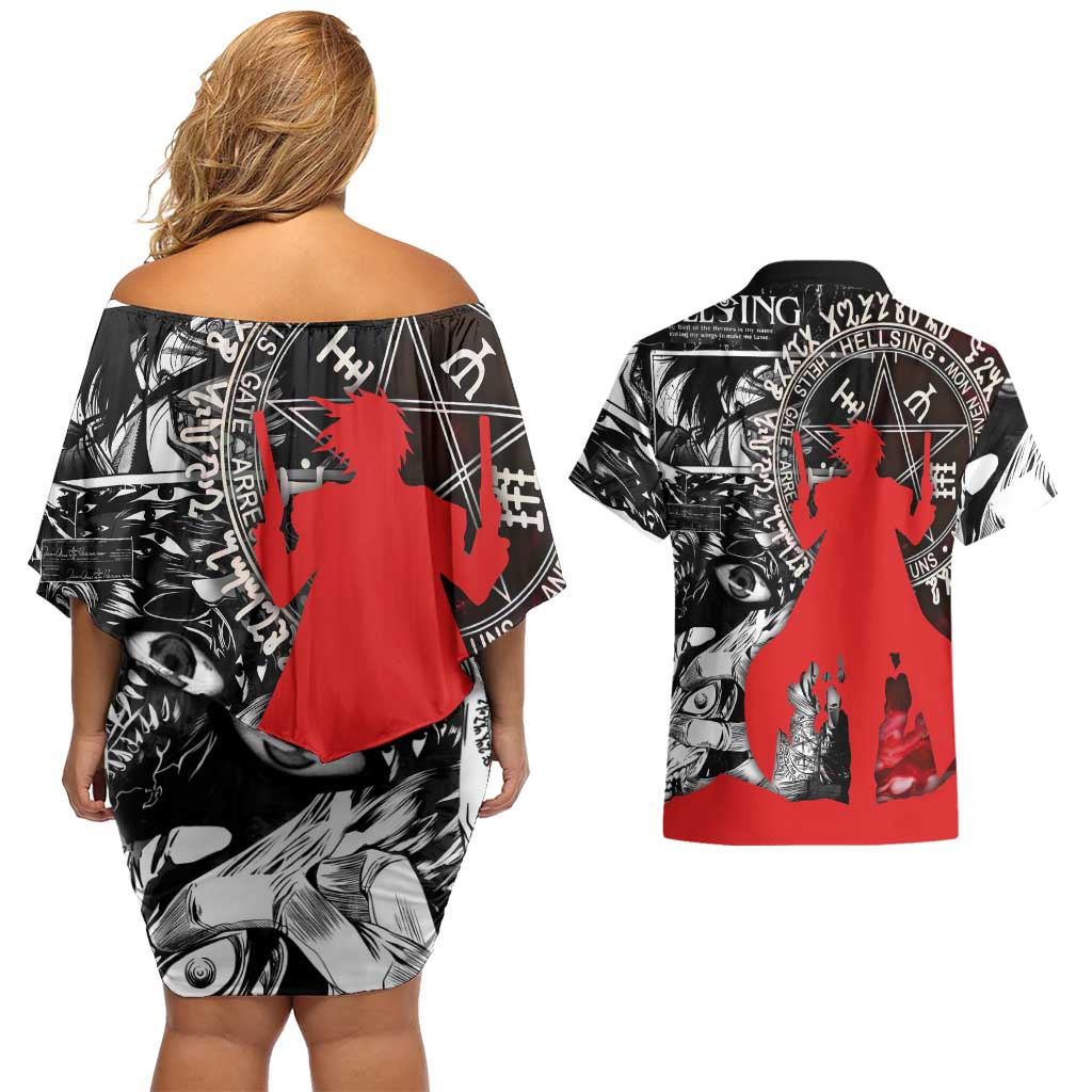 Alucard Hellsing Manga Collage Black and Red Design Couples Matching Off Shoulder Short Dress and Hawaiian Shirt with Gun Pose and Symbolic Silhouettes - The Mazicc