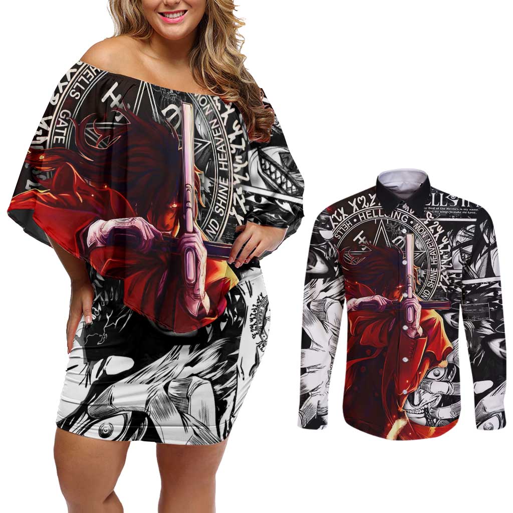 Alucard Hellsing Manga Collage Black and Red Design Couples Matching Off Shoulder Short Dress and Long Sleeve Button Shirt with Gun Pose and Symbolic Silhouettes - The Mazicc