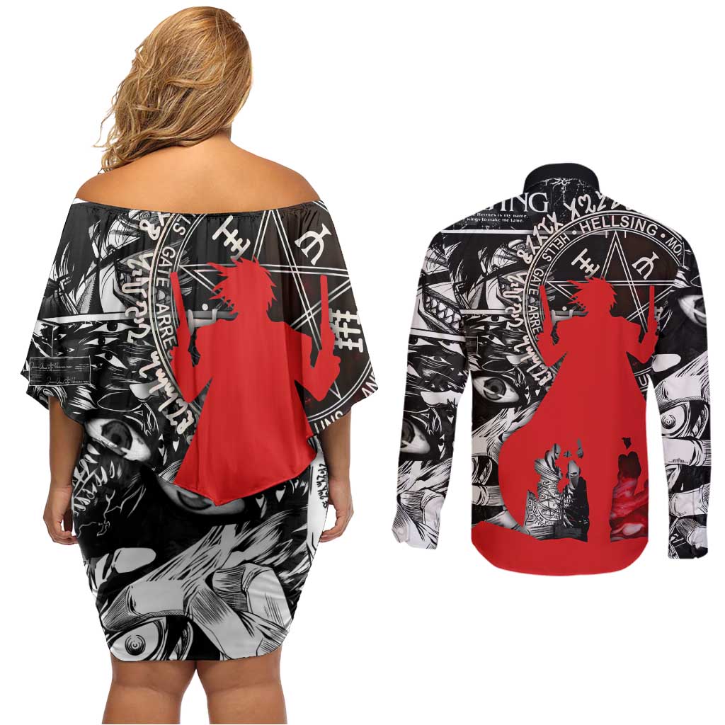 Alucard Hellsing Manga Collage Black and Red Design Couples Matching Off Shoulder Short Dress and Long Sleeve Button Shirt with Gun Pose and Symbolic Silhouettes - The Mazicc