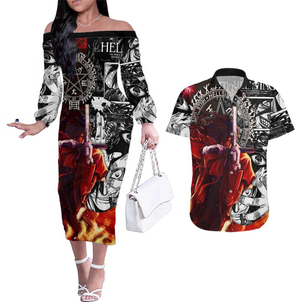 Alucard Hellsing Manga Collage Black and Red Design Couples Matching Off The Shoulder Long Sleeve Dress and Hawaiian Shirt with Gun Pose and Symbolic Silhouettes - The Mazicc
