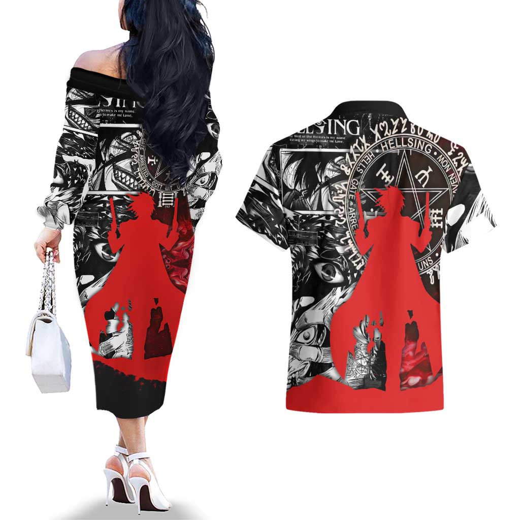 Alucard Hellsing Manga Collage Black and Red Design Couples Matching Off The Shoulder Long Sleeve Dress and Hawaiian Shirt with Gun Pose and Symbolic Silhouettes - The Mazicc