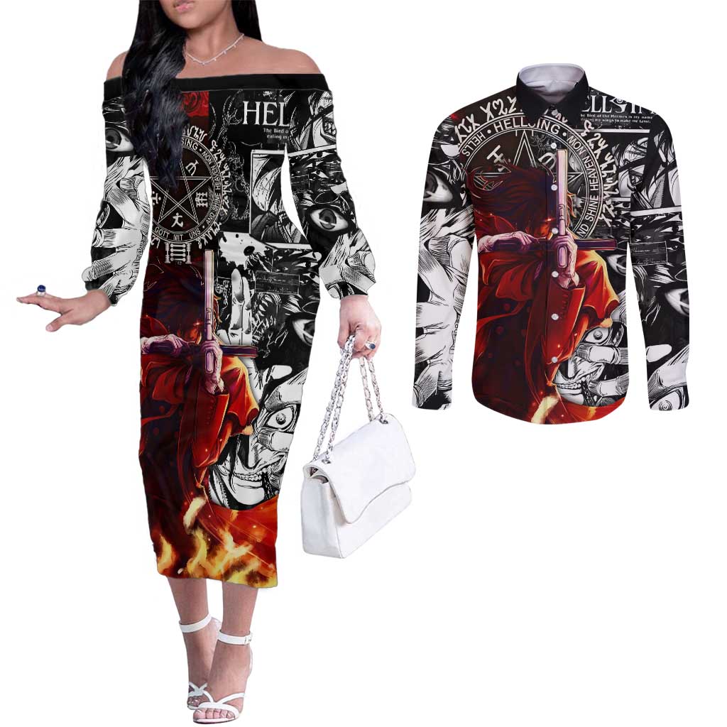 Alucard Hellsing Manga Collage Black and Red Design Couples Matching Off The Shoulder Long Sleeve Dress and Long Sleeve Button Shirt with Gun Pose and Symbolic Silhouettes - The Mazicc
