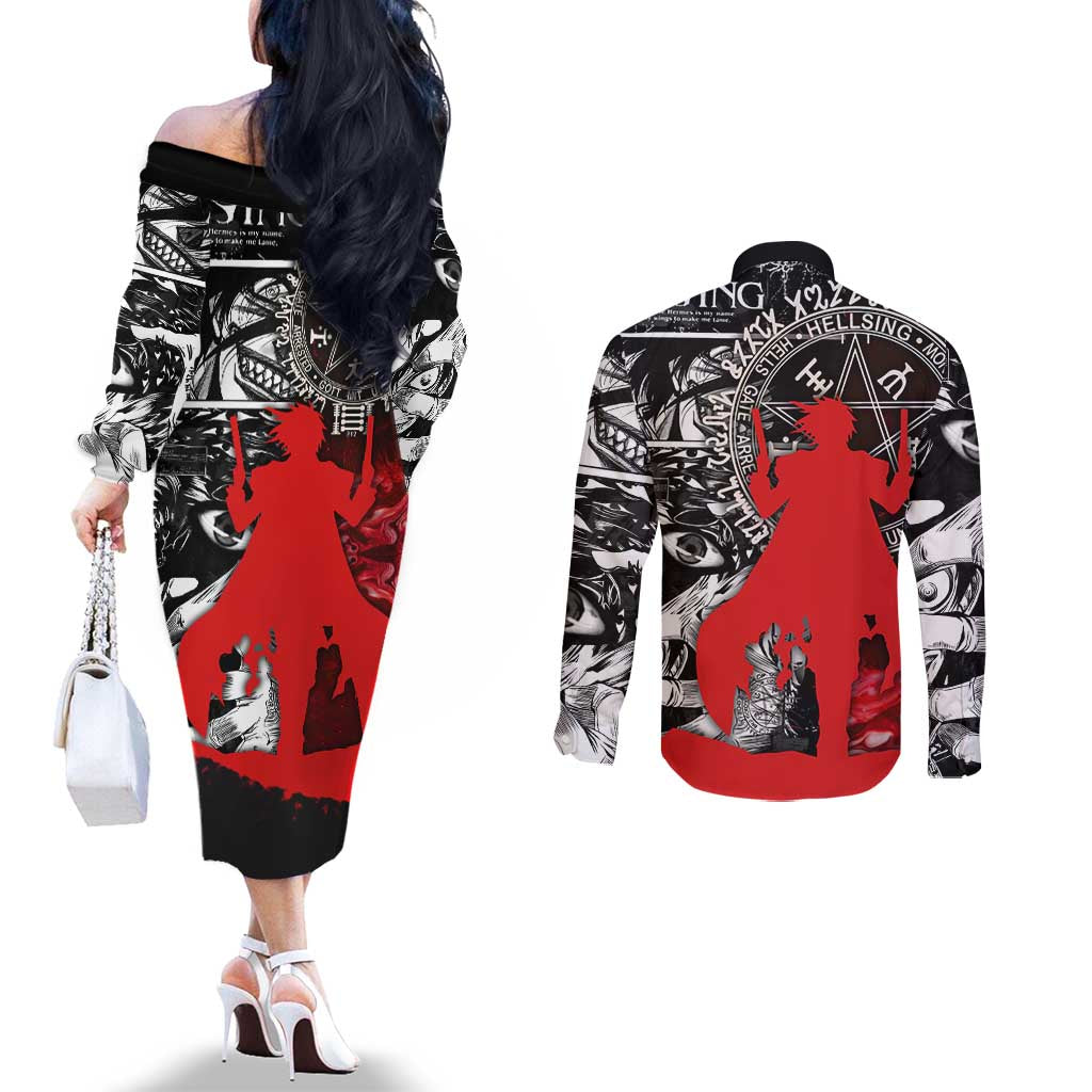 Alucard Hellsing Manga Collage Black and Red Design Couples Matching Off The Shoulder Long Sleeve Dress and Long Sleeve Button Shirt with Gun Pose and Symbolic Silhouettes - The Mazicc