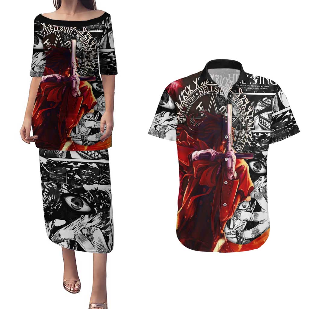 Alucard Hellsing Manga Collage Black and Red Design Couples Matching Puletasi and Hawaiian Shirt with Gun Pose and Symbolic Silhouettes - The Mazicc