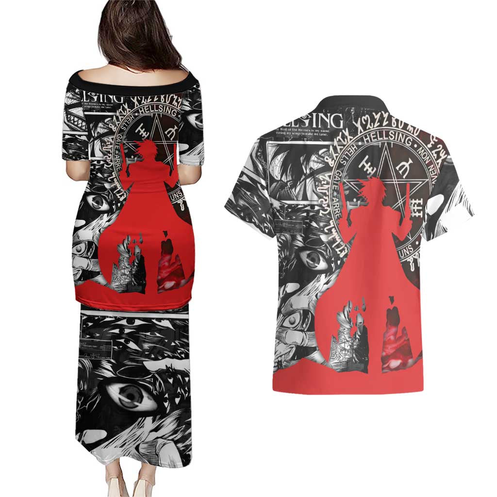 Alucard Hellsing Manga Collage Black and Red Design Couples Matching Puletasi and Hawaiian Shirt with Gun Pose and Symbolic Silhouettes - The Mazicc