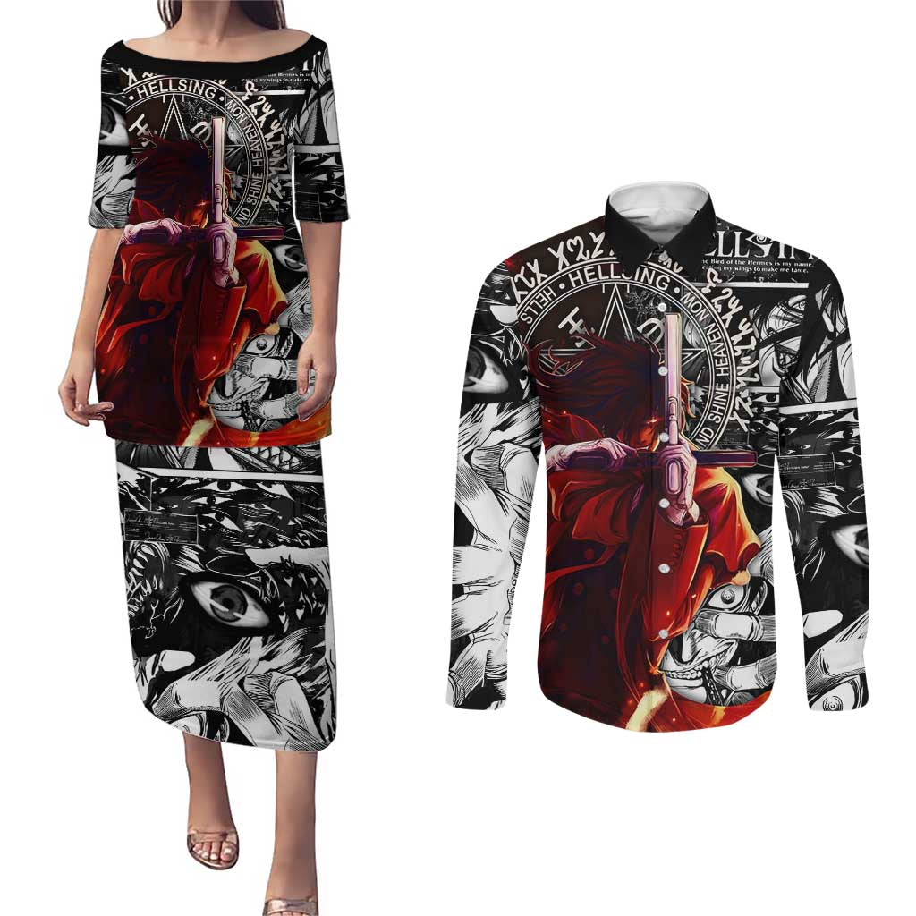 Alucard Hellsing Manga Collage Black and Red Design Couples Matching Puletasi and Long Sleeve Button Shirt with Gun Pose and Symbolic Silhouettes - The Mazicc