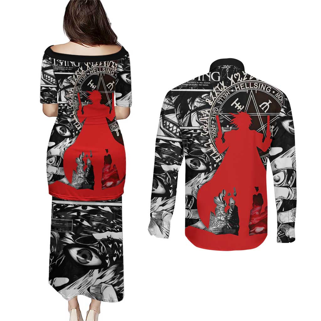 Alucard Hellsing Manga Collage Black and Red Design Couples Matching Puletasi and Long Sleeve Button Shirt with Gun Pose and Symbolic Silhouettes - The Mazicc