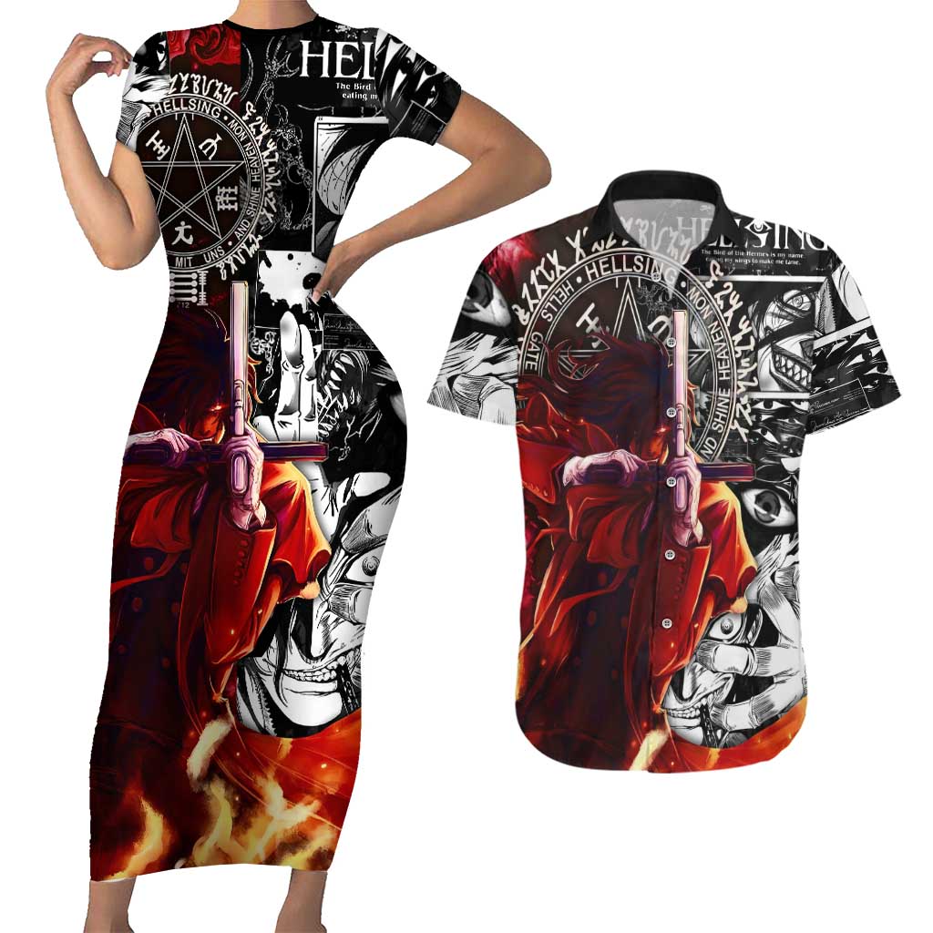 Alucard Hellsing Manga Collage Black and Red Design Couples Matching Short Sleeve Bodycon Dress and Hawaiian Shirt with Gun Pose and Symbolic Silhouettes - The Mazicc