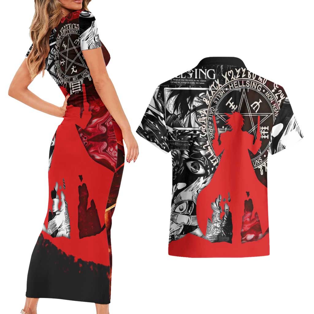 Alucard Hellsing Manga Collage Black and Red Design Couples Matching Short Sleeve Bodycon Dress and Hawaiian Shirt with Gun Pose and Symbolic Silhouettes - The Mazicc