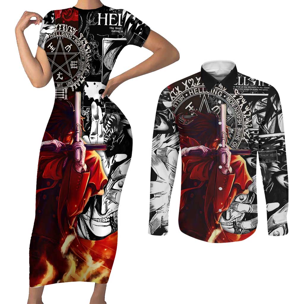 Alucard Hellsing Manga Collage Black and Red Design Couples Matching Short Sleeve Bodycon Dress and Long Sleeve Button Shirt with Gun Pose and Symbolic Silhouettes - The Mazicc
