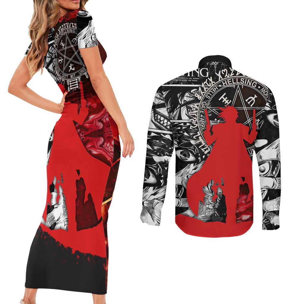 Alucard Hellsing Manga Collage Black and Red Design Couples Matching Short Sleeve Bodycon Dress and Long Sleeve Button Shirt with Gun Pose and Symbolic Silhouettes - The Mazicc