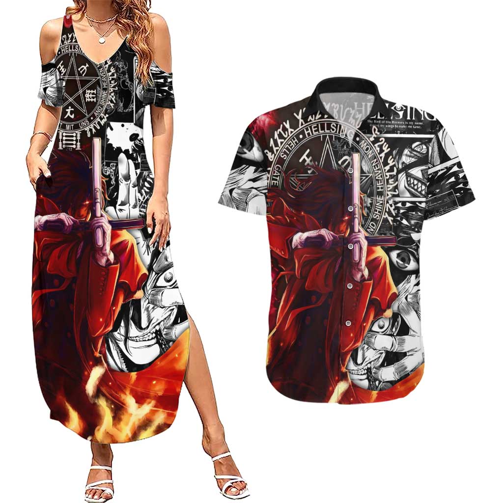Alucard Hellsing Manga Collage Black and Red Design Couples Matching Summer Maxi Dress and Hawaiian Shirt with Gun Pose and Symbolic Silhouettes - The Mazicc