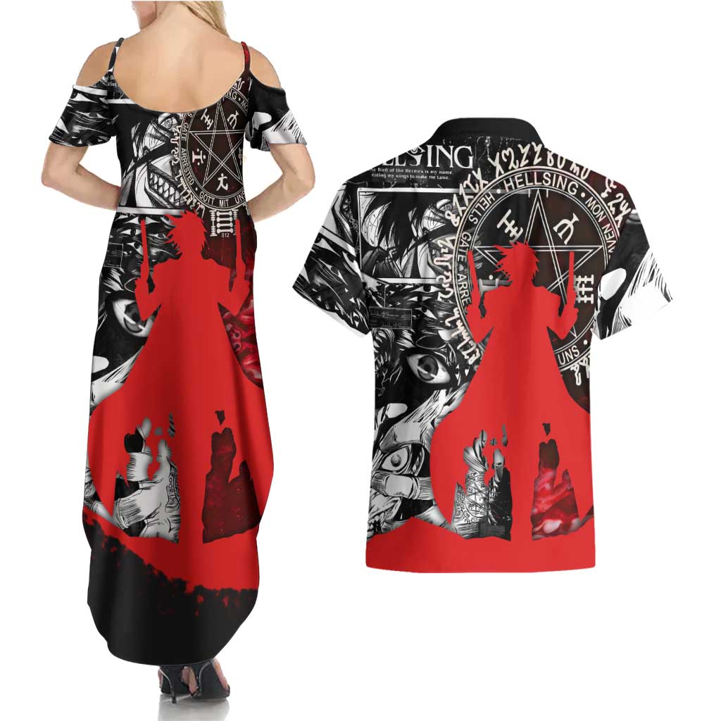 Alucard Hellsing Manga Collage Black and Red Design Couples Matching Summer Maxi Dress and Hawaiian Shirt with Gun Pose and Symbolic Silhouettes - The Mazicc
