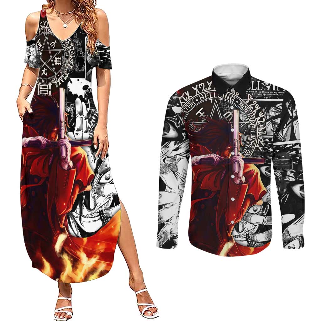 Alucard Hellsing Manga Collage Black and Red Design Couples Matching Summer Maxi Dress and Long Sleeve Button Shirt with Gun Pose and Symbolic Silhouettes - The Mazicc