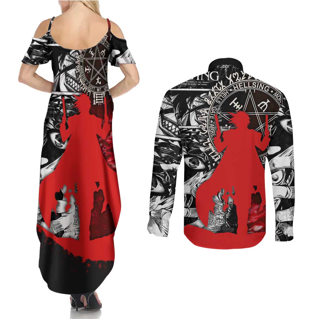 Alucard Hellsing Manga Collage Black and Red Design Couples Matching Summer Maxi Dress and Long Sleeve Button Shirt with Gun Pose and Symbolic Silhouettes - The Mazicc