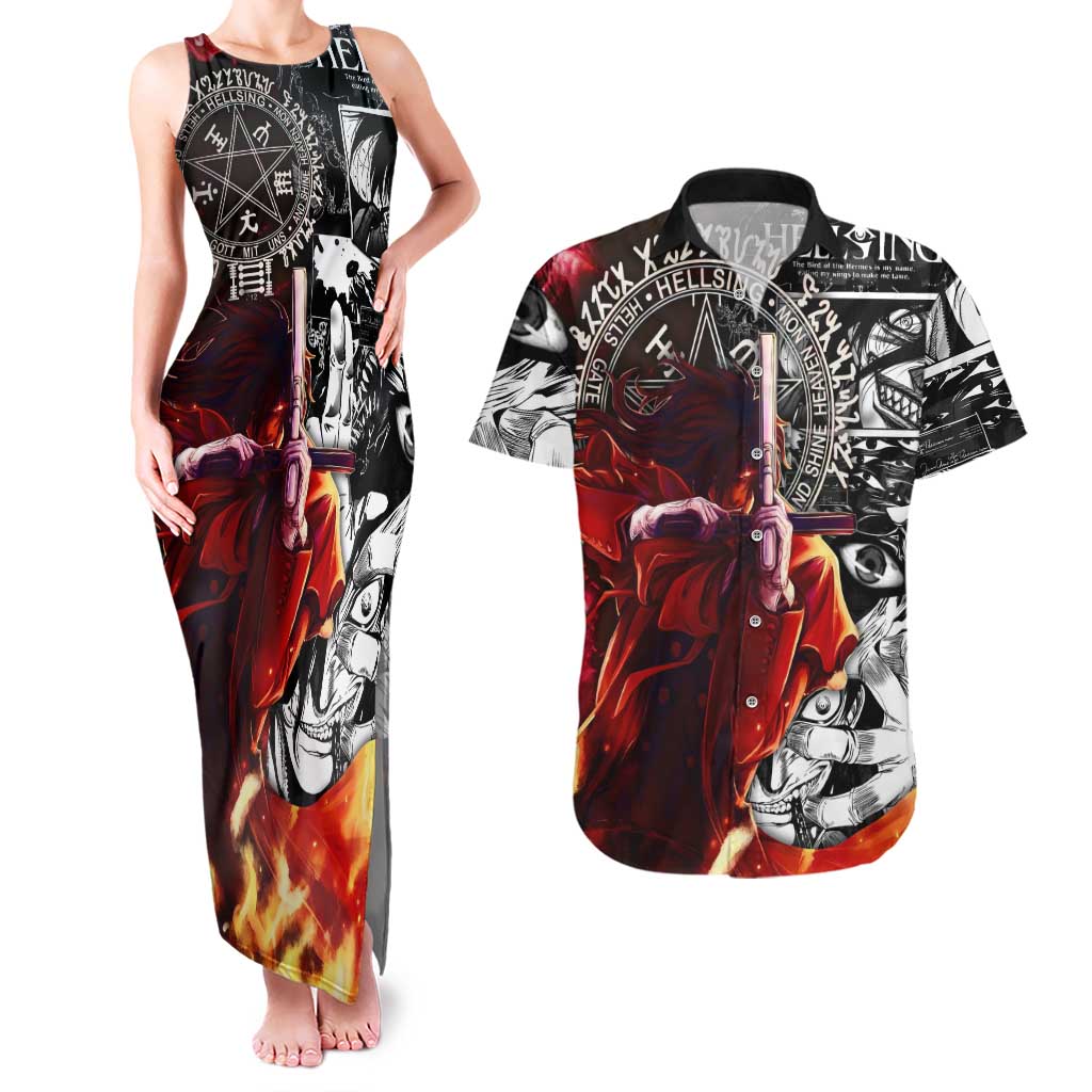 Alucard Hellsing Manga Collage Black and Red Design Couples Matching Tank Maxi Dress and Hawaiian Shirt with Gun Pose and Symbolic Silhouettes - The Mazicc