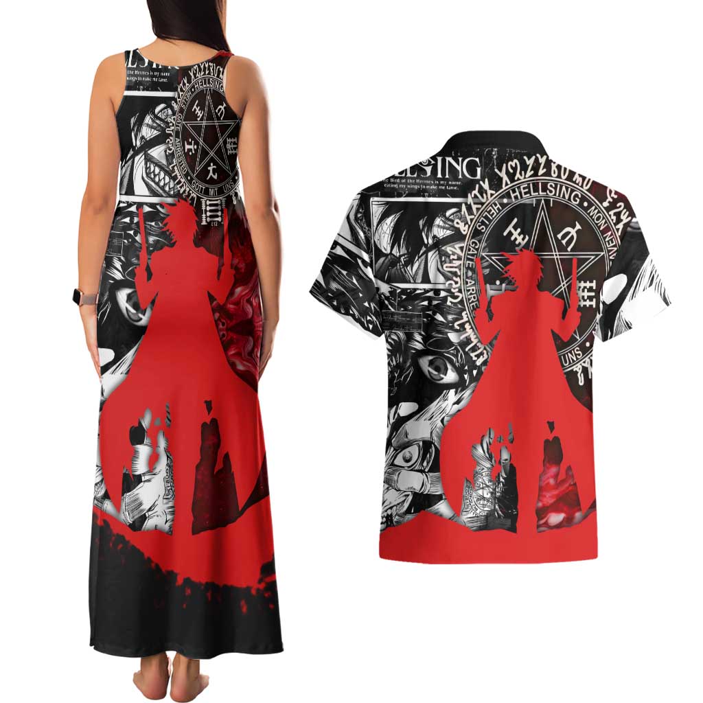 Alucard Hellsing Manga Collage Black and Red Design Couples Matching Tank Maxi Dress and Hawaiian Shirt with Gun Pose and Symbolic Silhouettes - The Mazicc