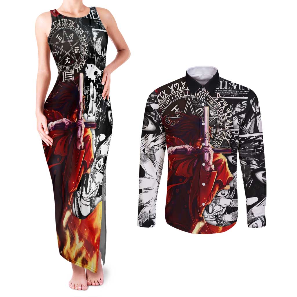 Alucard Hellsing Manga Collage Black and Red Design Couples Matching Tank Maxi Dress and Long Sleeve Button Shirt with Gun Pose and Symbolic Silhouettes - The Mazicc