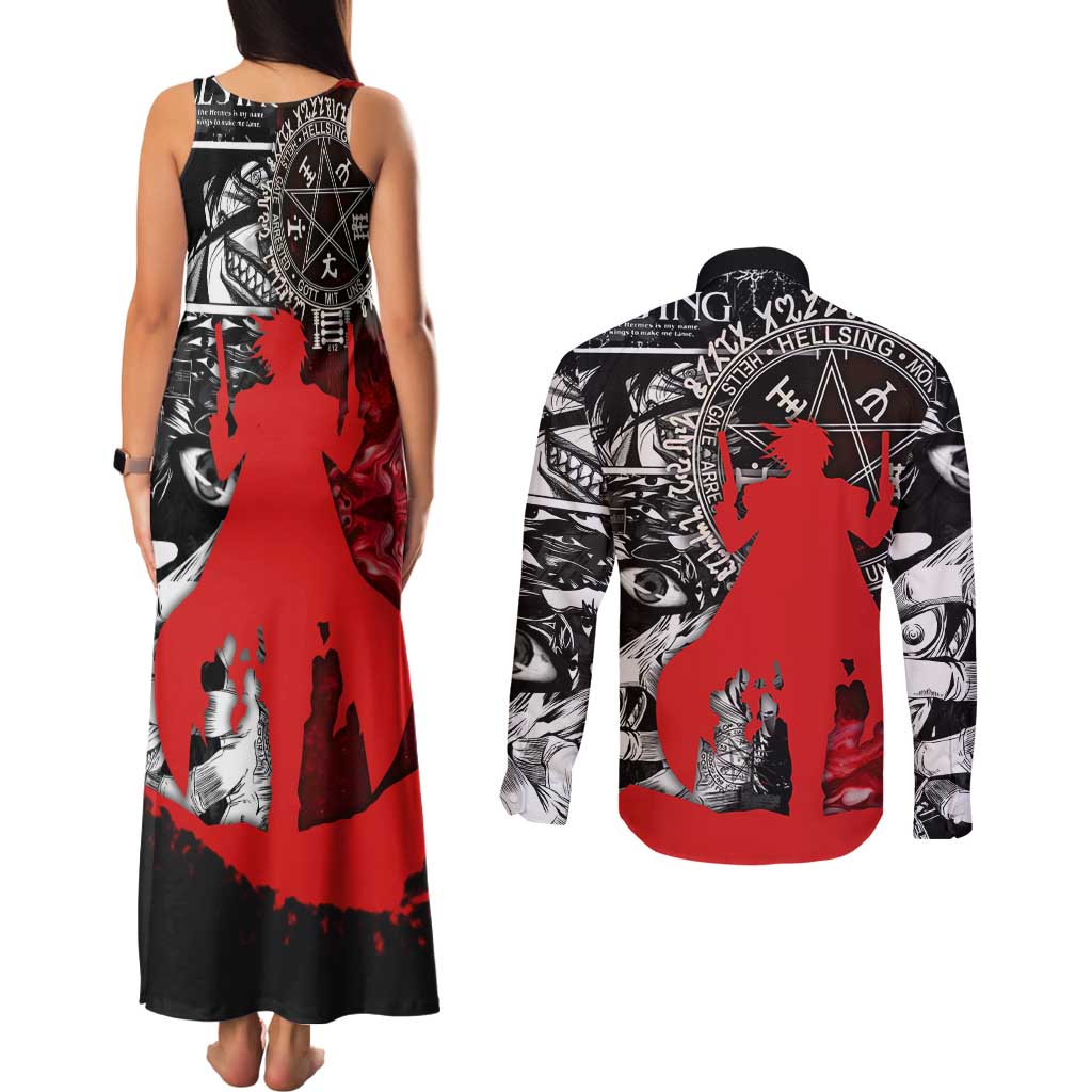 Alucard Hellsing Manga Collage Black and Red Design Couples Matching Tank Maxi Dress and Long Sleeve Button Shirt with Gun Pose and Symbolic Silhouettes - The Mazicc