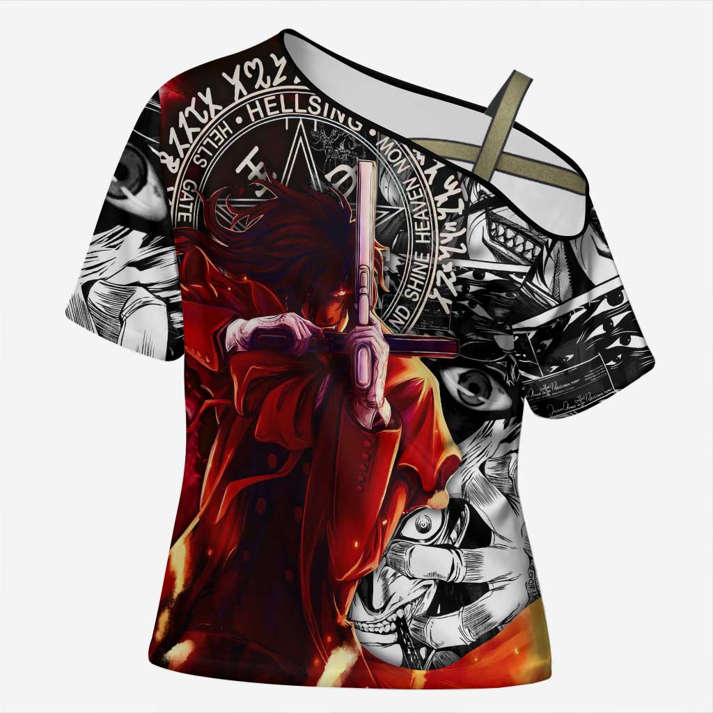 Alucard Hellsing Manga Collage Black and Red Design Cross Shoulder Shirt with Gun Pose and Symbolic Silhouettes - The Mazicc