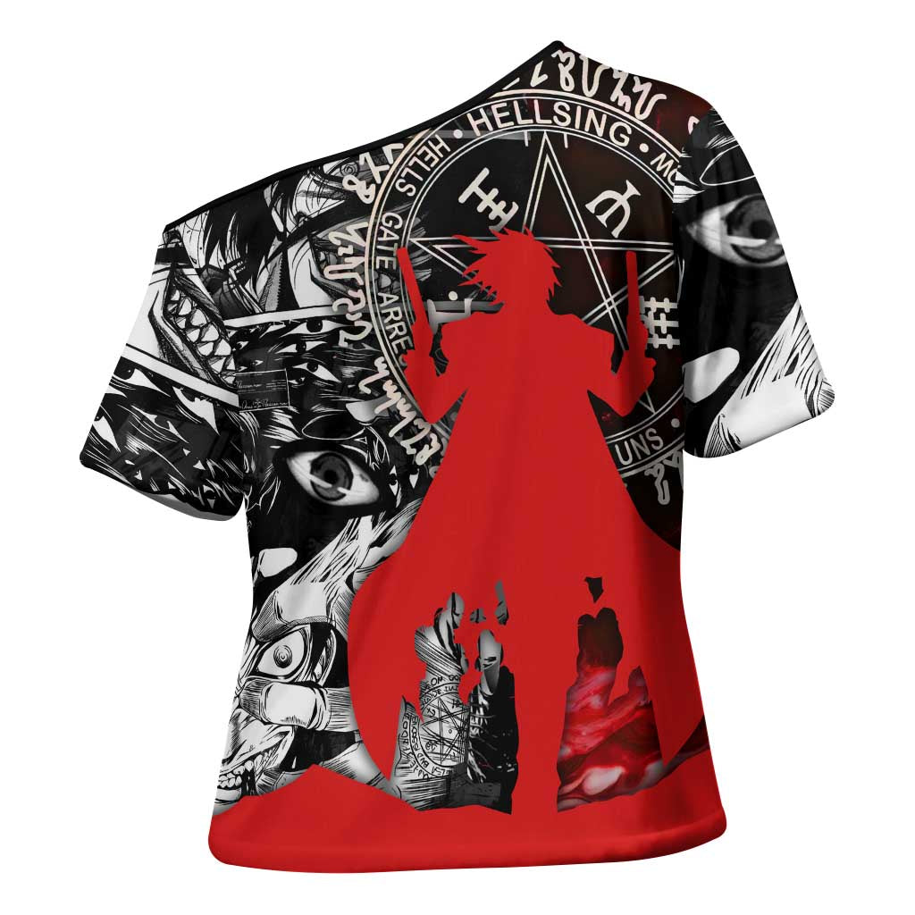 Alucard Hellsing Manga Collage Black and Red Design Cross Shoulder Shirt with Gun Pose and Symbolic Silhouettes - The Mazicc