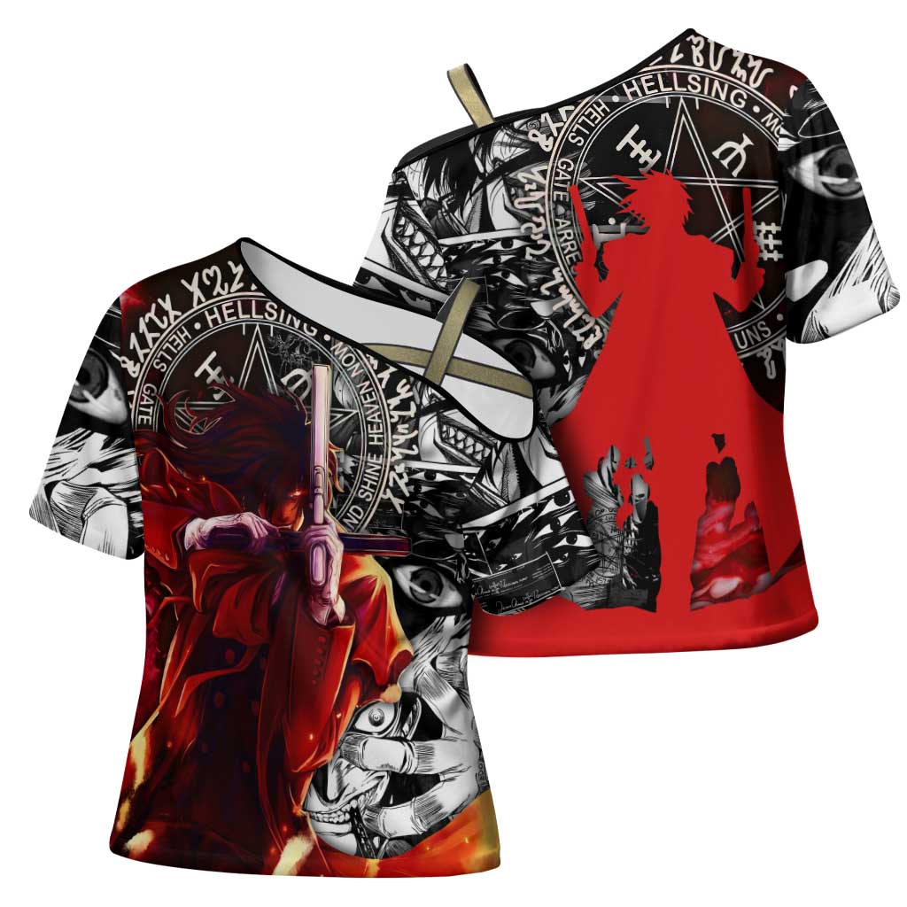 Alucard Hellsing Manga Collage Black and Red Design Cross Shoulder Shirt with Gun Pose and Symbolic Silhouettes - The Mazicc
